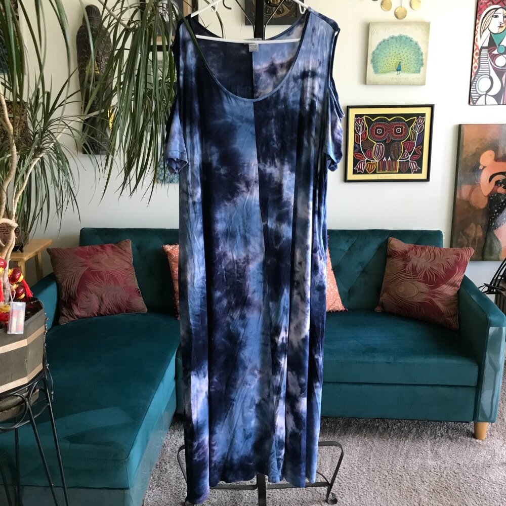 CATHERINES size 3X Navy Blue Tie Dye Stretch Jersey Cold Shoulder Maxi Dress - Picture 4 of 6